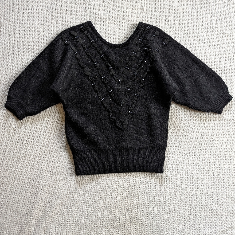 VTG BELDOCH POPPER Women's Medium Black Short Sleeve Knit Sweater Top Wool Bead